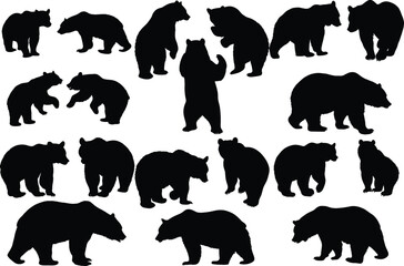 Set of bear silhouette vector illustration, bear in various pose