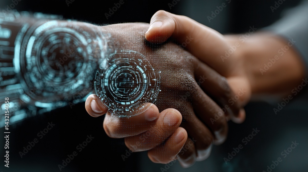 Poster close-up of hand shaking with virtual ai assistant technology
