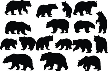 Set of bear silhouette vector illustration, bear in various pose