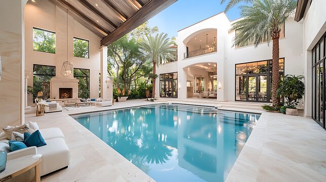 Luxurious mansion with pool, open-air living, high ceilings