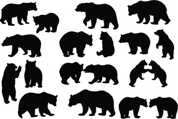 Set of bear silhouette vector illustration, bear in various pose