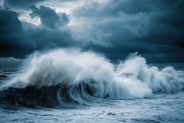 Powerful waves crash against a stormy sky.