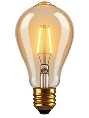 A glowing LED light bulb with a transparent background, featuring a gold-colored base and a warm-toned light emanating from its filament.