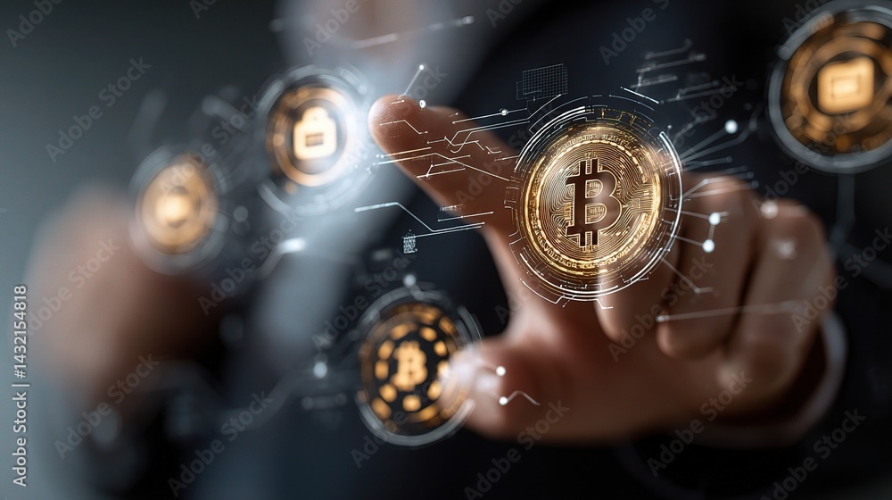 Poster businessman using futuristic touchscreen technology with blockchain visuals