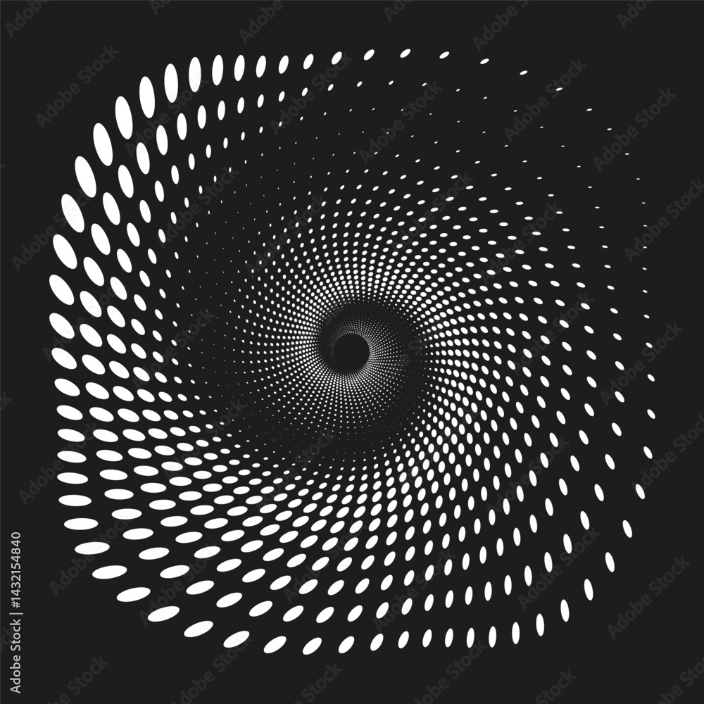 Poster twisting dot spiral. halftone circle pattern. optical swirl motion. black background vector.