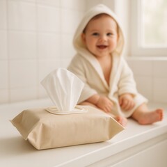 Wet wipes pack on bathroom shelf with baby wearing bathrobe in background