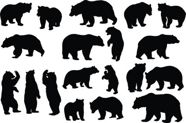Set of bear silhouette vector illustration, bear in various pose