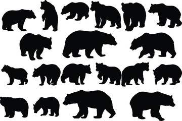 Set of bear silhouette vector illustration, bear in various pose