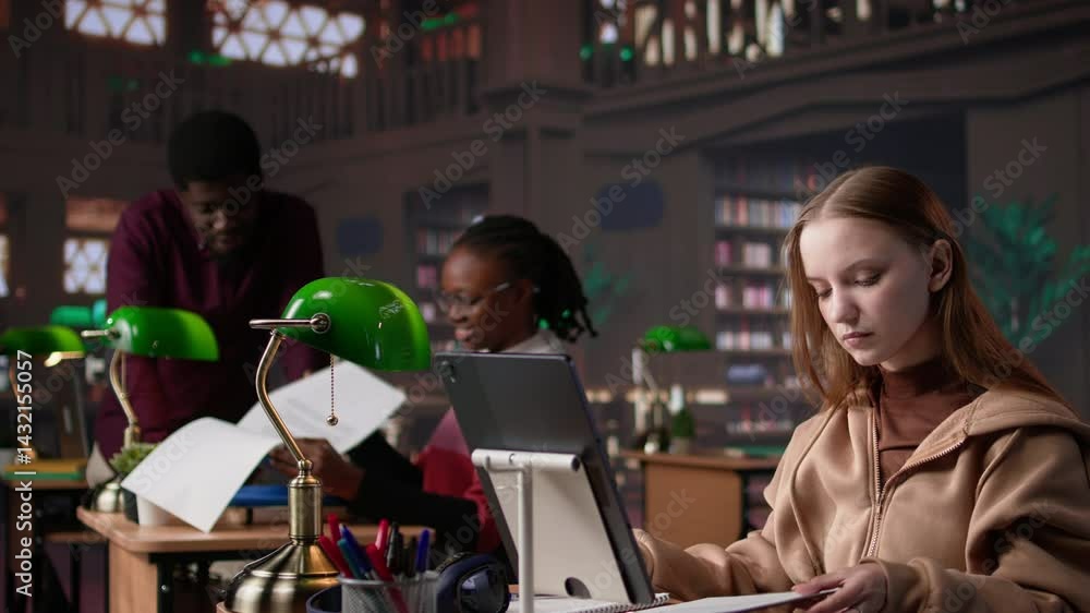 Poster student makes exam preparations at the university library with classmates, doing research to complet