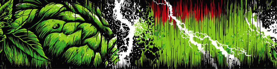 Abstract Green Hop Art with Grunge Texture and Splatter Elements – Modern Vector Illustration for Craft Beer and Brewing Themes