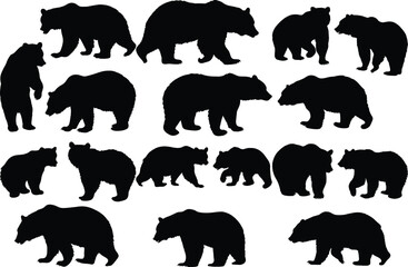 Set of bear silhouette vector illustration, bear in various pose