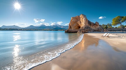 Sunny beach with rock formation, chairs, calm water, and distant mountains