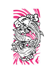 koi fish illustration design for sukajan is mean japan traditional cloth, black, white and pink vibrant colours dynamic style