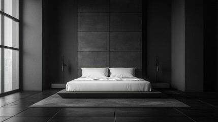 Modern monochrome room with an empty white bed frame, dark gray walls, and sleek black tiles, front view 
