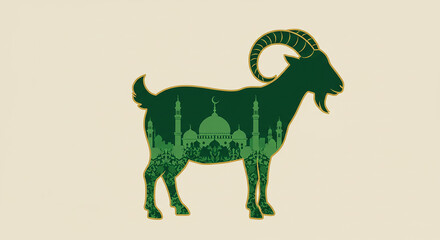 Obraz premium Goat silhouette with green fill and mosque inside, designed in Islamic ornamental style.