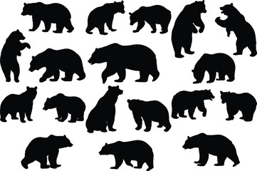 Set of bear silhouette vector illustration, bear in various pose