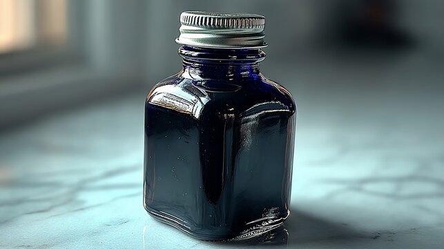 Dark liquid in a small, square, cobalt blue glass bottle with a silver lid