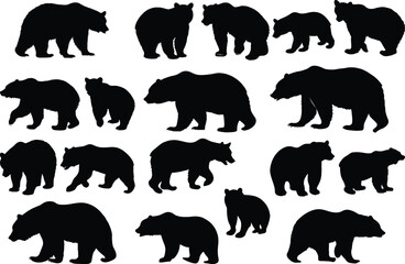 Set of bear silhouette vector illustration, bear in various pose
