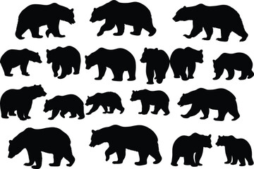 Set of bear silhouette vector illustration, bear in various pose