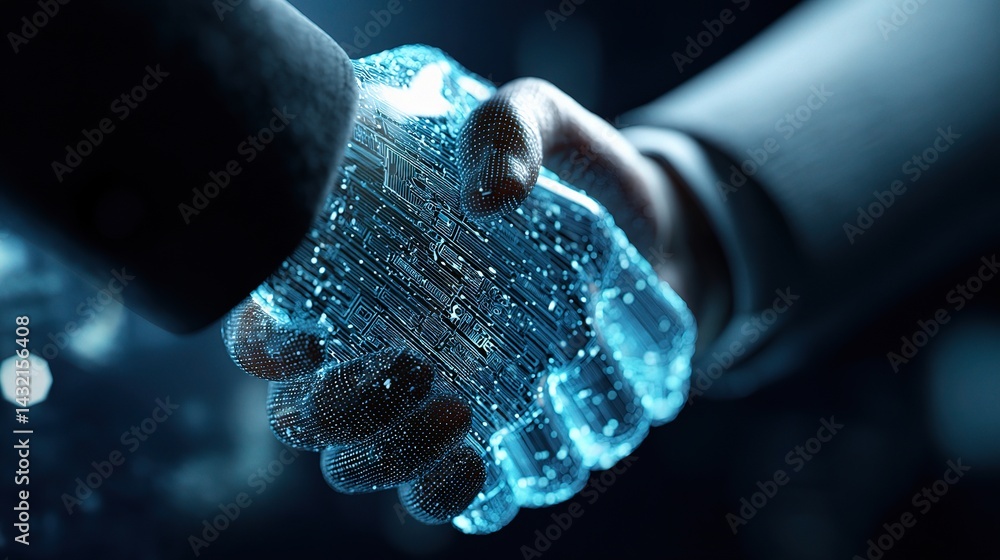 Poster futuristic cyber handshake symbolizing digital connection and security
