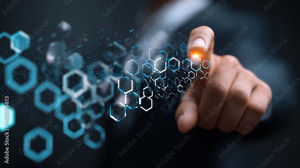 Poster businessman interacting with blockchain technology interface elements