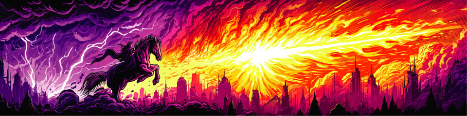 Epic Apocalypse Cityscape with Dark Horseman and Fiery Meteor - Dramatic Digital Art, Vivid Colors, End of the World Scene