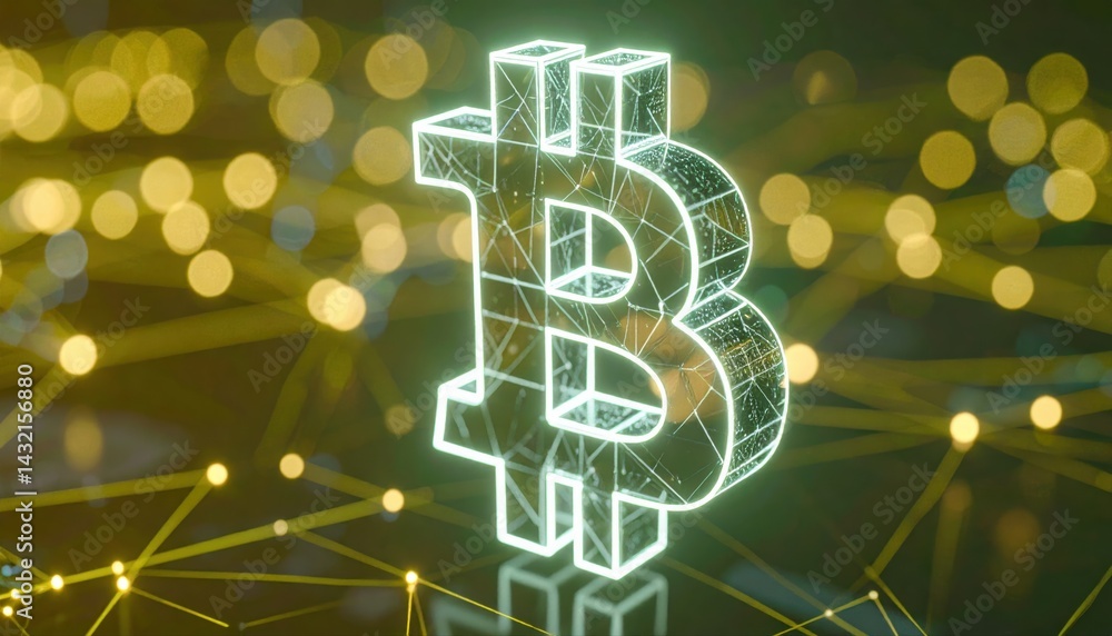 Poster digital bitcoin cryptocurrency icon glowing 3d illustration with network connections and bokeh effec