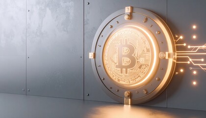 Futuristic digital Bitcoin coin vault door opening with glowing circuit lines and cryptocurrency symbols in a modern secure digital finance environment