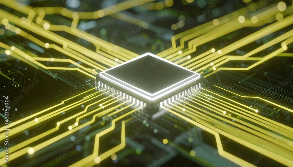 Poster close-up of a modern computer processor chip with illuminated circuit pathways on a dark background 