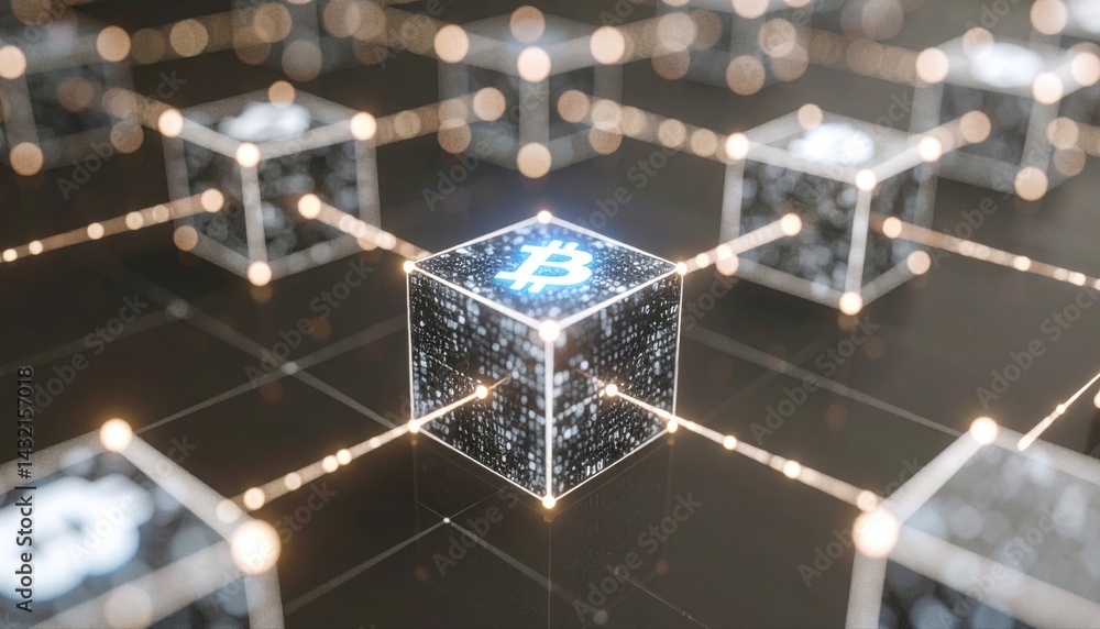 Aufkleber digital blockchain technology illustration featu interconnected glowing cubes with a prominent bitco
