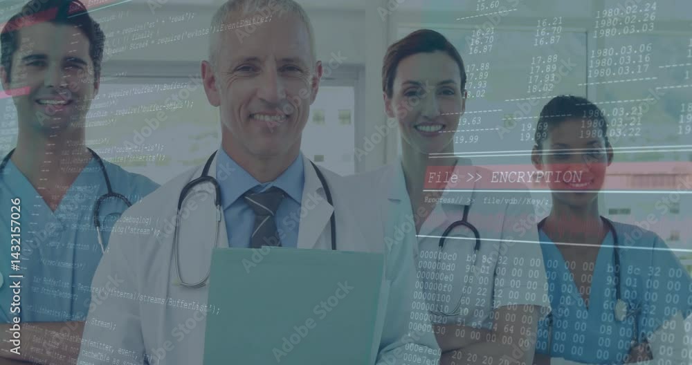 Poster medical team standing in hall, wearing stethoscopes and showing encryption code and binary overlays