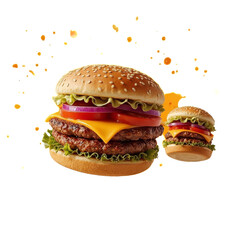 Two juicy double cheeseburgers with lettuce, tomato, and onion, flying against a transparent background with yellow sauce splatters.