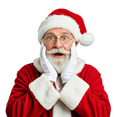 Surprised Santa Claus with glasses, wearing a red suit and white gloves, against a transparent background.