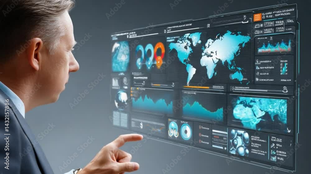 Aufkleber data driven decisions: a focused businessman meticulously analyzes data presented on an interactive 