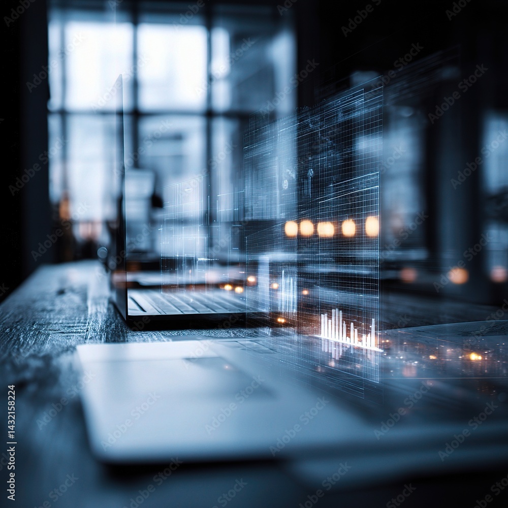 Poster double exposure of a table with a computer and digital graphics