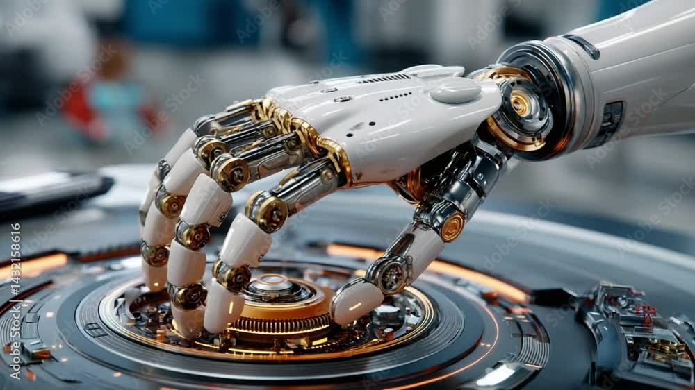 Poster mechanical grace: a detailed glimpse of a robotic hand interacting with a futuristic device, emphasi