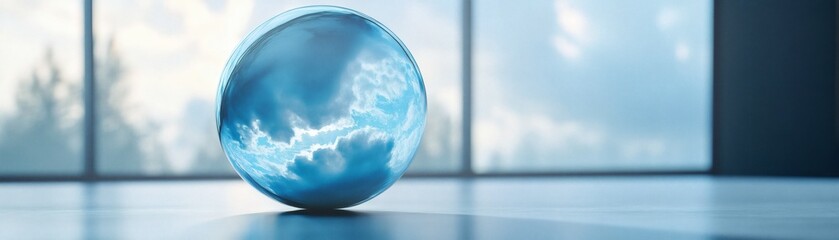 A clear glass ball reflecting the sky, set against a bright interior with large windows