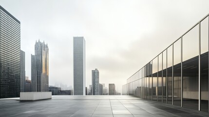 Modern cityscape featuring buildings and skyscrapers under a cloudy sky, showcasing a blend of architecture and urban environment. The view has an modern building with glass wall