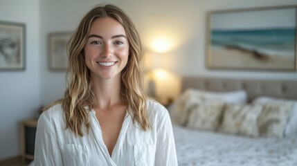 Fototapeta premium Bright and spacious bedroom with an empty upholstered bed frame, clean white walls, and large tiled floors, minimalistic, front view