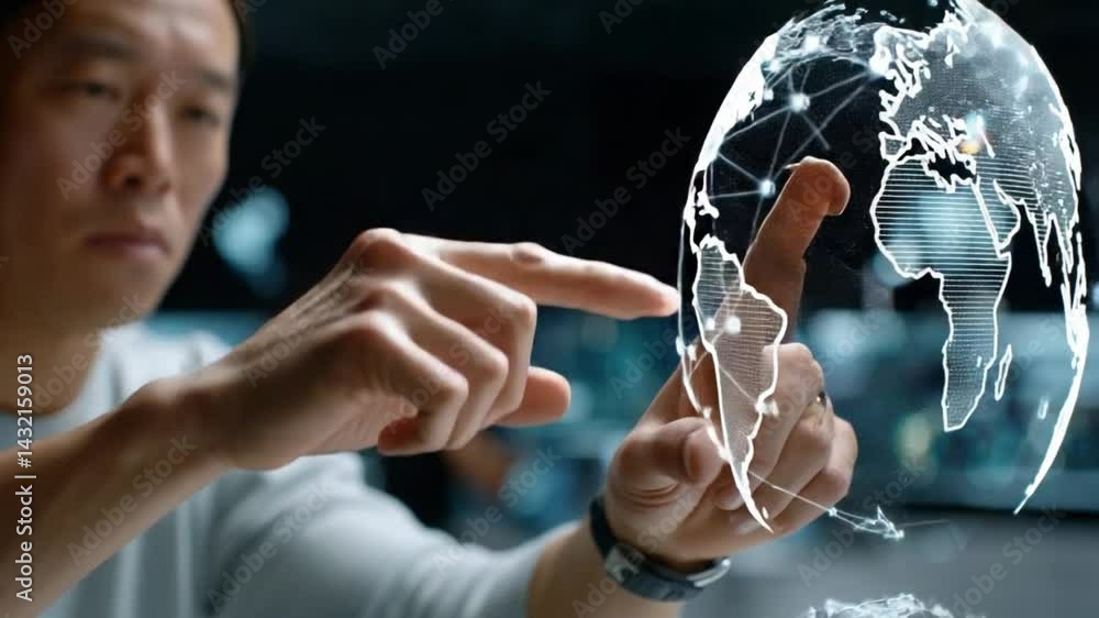 Poster digital globe's touch: an expert's hand interacts with a digital globe showcasing the interconnected