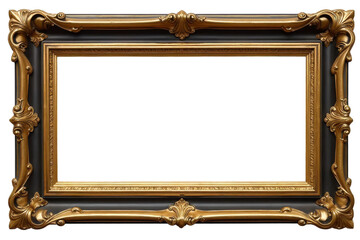 A large, ornate gold and black picture frame with a transparent background, featuring intricate carvings and detailing on the corners and edges.