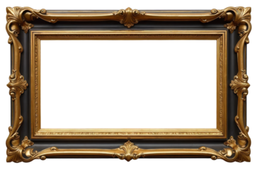 A large, ornate gold and black picture frame with a transparent background, featuring intricate carvings and detailing on the corners and edges.