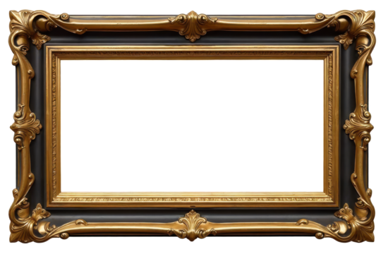 A large, ornate gold and black picture frame with a transparent background, featuring intricate carvings and detailing on the corners and edges.