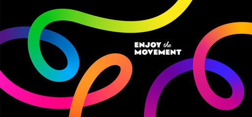 Abstract Color Line Shapes Pattern on Black Background. 3D Wave Shapes with Gradient. Vector Squiggle Graphic Element. Fun Rainbow Colored Wavy Ribbons