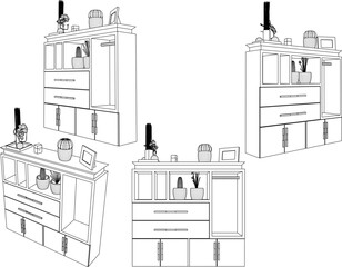 Fototapeta premium vector sketch illustration of furniture design wardrobe bookcase with modern minimalist interior decoration