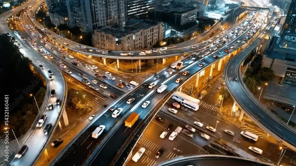 Poster urban traffic junction at night: an elevated view captures the vibrant network of illuminated highwa