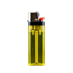 A yellow plastic lighter with a transparent background, featuring a black top and red button, is shown against a black backdrop.
