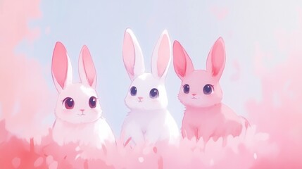 Fototapeta premium Three adorable pastel bunnies in a dreamy pink field.