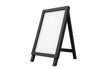 A blank A-frame sidewalk sign with a black wooden frame and transparent background, perfect for mockups and advertising designs.