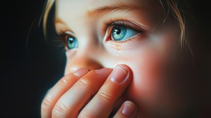 Close-up portrait of a child with tears, expressing sadness.